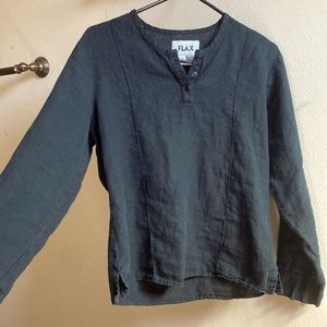 FLAX 100% Linen Long Sleeve 1/4 Button Shirt Black